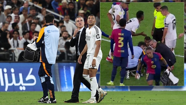 In der 16. Minute verletzte sich Mbappe am Knöchel, Barcelonas Raphinha erschwerte die medizinische Behandlung. (Bild: AFP/APA/FADEL SENNA, X/BarcaUniversal)