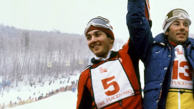 Im Slalom holte Jacques Lüthy 1980 hinter Ingemar Stenmark (r.) und Phil Mahre WM- beziehungsweise Olympia-Bronze. (Bild: AFP/APA/STAFF)