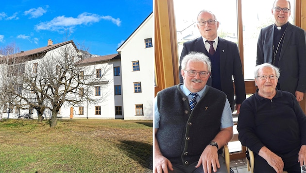 The mission house in Absam will soon be empty. On the right, a picture from days gone by with regional superior Andreas Agreiter (seated left) and Bishop Hermann Glettler (standing right). (Bild: Johanna Birbaumer/St. Josefs Missionare von Mill Hill)