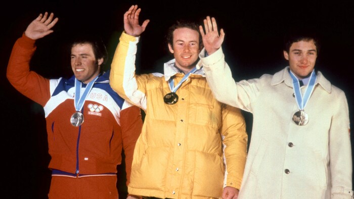 Phil Mahre, Ingemar Stenmark und Jacques Lüthy (v.l.n.r.)