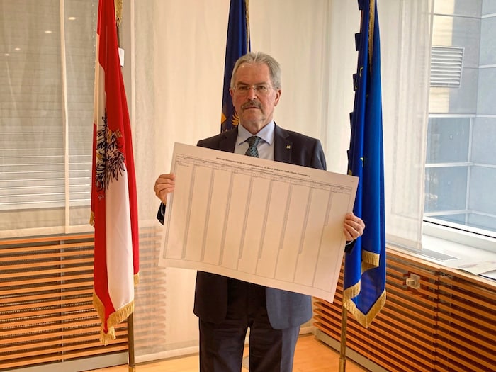 Provincial Parliament President Karl Wilfing with the largest version of the ballot paper for the municipal council elections.