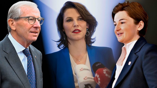 In der Salzburger Landespolitik rumort es: FPÖ-Chefin Marlene Svazek (re.) sprach von einem „Bedingten Ja“ für eine Landeshauptfrau Karoline Edtstadler (ÖVP), (Noch)-Landeshauptmann Wilfried Haslauer (ÖVP, li.) übte indes Kritik am Ton Svazeks. (Bild: Krone KREATIV/APA)