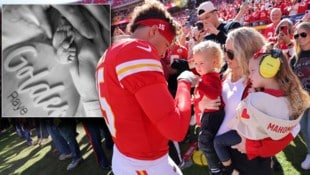 Die Familie Mahomes ist ab sofort zu fünft. (Bild: AFP/APA/Getty Images via AFP/GETTY IMAGES/JAMIE SQUIRE, Instagram/patrickmahomes)