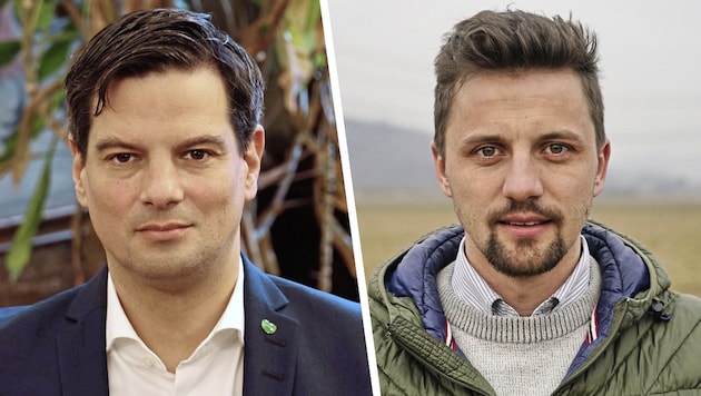 Young farmers' chairman Bernd Brodtrager (right) criticizes animal welfare state councillor Hannes Amesbauer. (Bild: Krone KREATIV/Sepp Pail, Christian Jauschowetz)