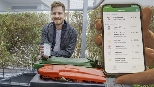 The app shows all collection dates and uses its own sound to remind users to put the right garbage can out on time. (Bild: Krone KREATIV/Doris Seebacher )