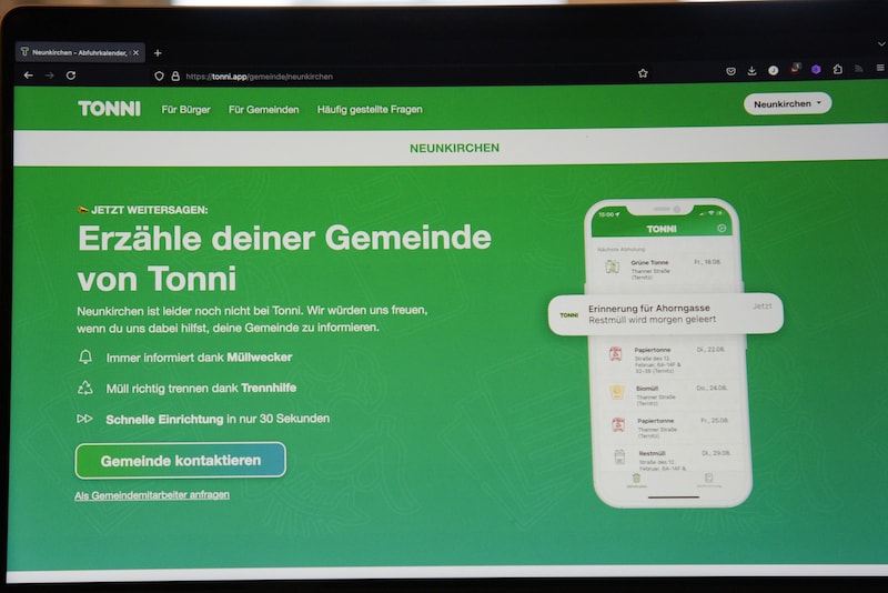 If your municipality is not yet registered with Tonni, you can send a request to the municipality via the Tonni website. (Bild: Doris_SEEBACHER)