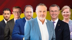 Die Spitzenkandidaten für die Landtagswahl: Christoph Schneider (Neos), Géza Molnár (Liste Hausverstand), Christian Sagartz (ÖVP), Hans Peter Doskozil (SPÖ, Norbert Hofer (FPÖ) und Anja Haider-Wallner (Grüne). (Bild: Krone KREATIV/Manfred Weis, Vienna Press/Andreas Tischler, Mili Badic, ÖVP, Gerald Tschank, Hans Klaus Tech/APA/picturedesk.com)