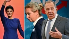 Russlands Außenminister Sergej Lawrow findet sowohl Sahra Wagenknecht als auch Alice Weidel „vernünftig“. (Bild: Krone KREATIV/AFP/Ina FASSBENDER, AFP/POOL/Kristina Kormilitsyna, AFP/Tobias SCHWARZ)