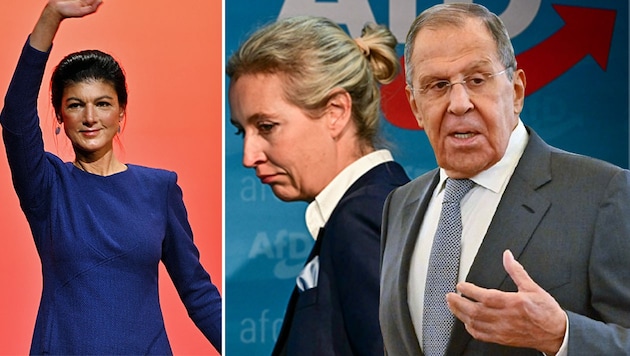 Russlands Außenminister Sergej Lawrow findet sowohl Sahra Wagenknecht als auch Alice Weidel „vernünftig“. (Bild: Krone KREATIV/AFP/Ina FASSBENDER, AFP/POOL/Kristina Kormilitsyna, AFP/Tobias SCHWARZ)