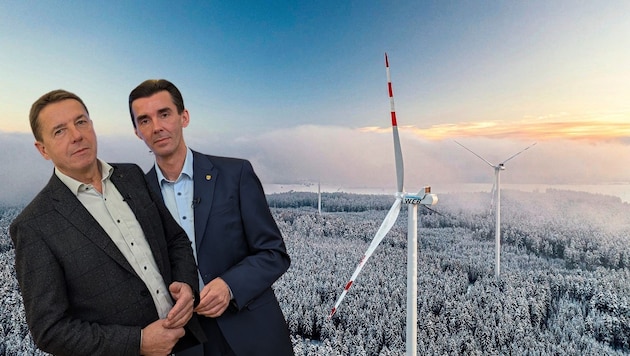 Ihre Abneigung gegen Windräder verleitet die Kärntner FPÖ scheinbar zu ganz eigenen Rechtsansichten. (Bild: WEB/Benjamin Wald, Krone KREATIV)