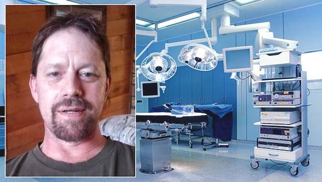 Was für ein Albtraum: Patient John Murdoch (vor der Operation, kleines Bild) erwachte im Operationssaal, weil sein Gesicht in Flammen stand! (Bild: jenshagen – stock.adobe.com, Cheng Anwaltkanzlei, Krone KREATIV)