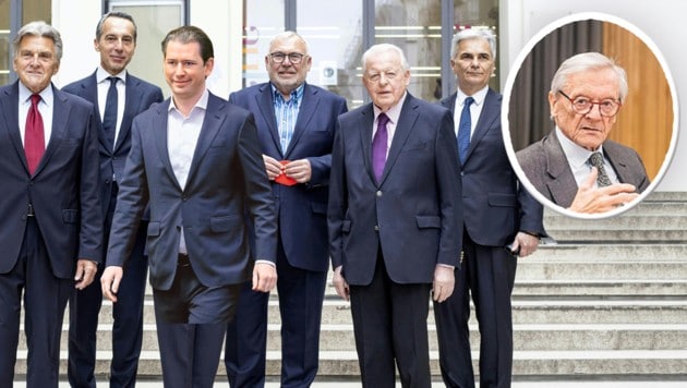 Die Ex-Kanzler Viktor Klima, Christian Kern, Sebastian Kurz, Alfred Gusenbauer, Franz Vranitzky, Werner Faymann und Wolfgang Schüssel (v. l. n. r.)  (Bild: Krone KREATIV/APA, Fotomontage)