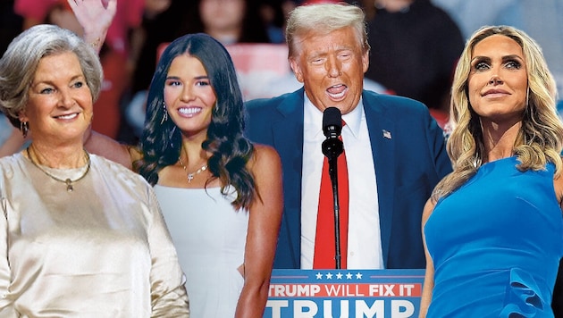 Only surrounds herself with women who are totally loyal: Donald Trump. From left to right: Chief of Staff Susie Wiles, favorite granddaughter Kai Trump and daughter-in-law Lara Trump. (Bild: Krone KREATIV/AFP (3), Picturedesk)