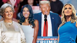 Umgibt sich  nur mit Frauen, die total loyal sind: Donald Trump. Von links nach rechts: Stabschefin Susie Wiles, Lieblingsenkelin Kai Trump und Schwiegertochter Lara Trump. (Bild: Krone KREATIV/AFP (3), Picturedesk)