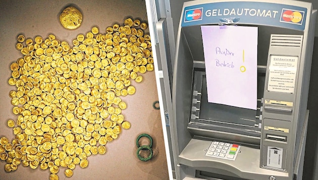 The most prominent stolen property is this Celtic treasure. The gang looted this ATM in Mistelbach, Lower Austria. (Bild: Krone KREATIV/Frank Maechler, AFP/Christof Stache)