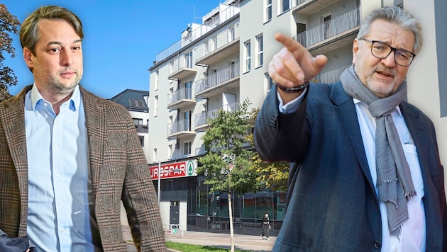 Vienna's FPÖ leader Dominik Nepp (left) and City Councillor for Social Affairs Peter Hacker (SPÖ). In the background, the new residential complex (110 apartments) at Favoritenstrasse 185. (Bild: Krone KREATIV/Zwefo, Reinhard Holl, Max Slovencik/APA Picturedesk)