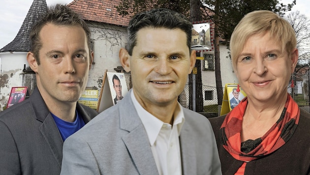 FPÖ lead candidate David Teichtmeister and ÖVP lead candidate Wolfgang Ettenauer (from left) expect to win many votes from the SPÖ in Lengenfeld with lead candidate Barbara Hauswirth (right). (Bild: Krone KREATIV/Attila Molnar, FPÖ, SPÖ, Johannes Vogl)