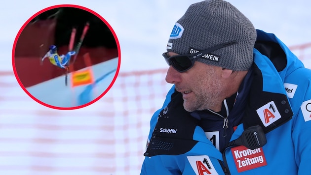 ÖSV-Trainer Marko Pfeifer fordert ein Verbot der Carbon-Schienbeinschützer. Nicht zuletzt nach dem Sturz von Cyprien Sarrazin. (Bild: GEPA, Eurosport, krone.at-grafik)