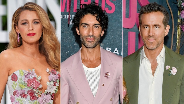 Blake Lively, Justin Baldoni and Lively's husband Ryan Reynolds (Bild: AP ( via APA) Austria Presse Agentur/AP)