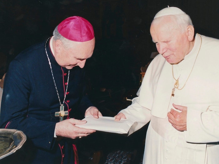Ad Limina visit of the Austrian bishops in Rome in 1998. Iby presented Pope John Paul II with a ...