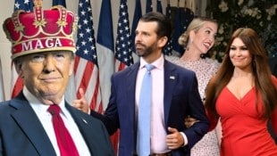 „King Don“ kann auf seinen Junior, dessen Verlobte Kimberly Guilfoyle, Tochter Ivanka (hinten) und viele weitere Angehörige zählen.  (Bild: AFP (3)/Brandon Bell, Krone KREATIV)