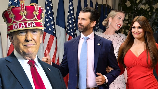 „King Don“ kann auf seinen Junior, dessen Verlobte Kimberly Guilfoyle, Tochter Ivanka (hinten) und viele weitere Angehörige zählen.  (Bild: AFP (3)/Brandon Bell, Krone KREATIV)