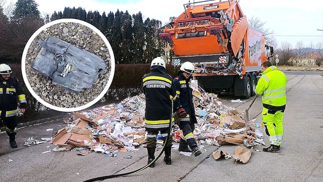 Ein im Altpapier (!) entsorgter Akku eines Staubsaugers (kl. Bild) hätte in der Landeshauptstadt fast ein Fahrzeug der Müllabfuhr in Brand gesetzt. (Bild: Krone KREATIV/Freiwillige Feuerwehr St. Pölten Pottenbrunn)