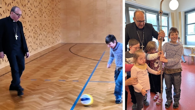 Magnus and Bishop Hermann Glettler skillfully passed the ball to each other (left). Beforehand, the priest presented the children with the bishop's crozier. (Bild: ASO Sillian)