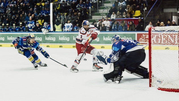 Eiskalt vorm VSV-Kasten: Eisbulle Peter Schneider (M.). (Bild: 2025 EC Red Bull Salzburg)