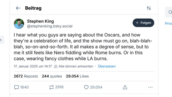 Stephen King sprach sich auf der App Bluesky für eine Absage der Oscar-Gala Anfang März aus.