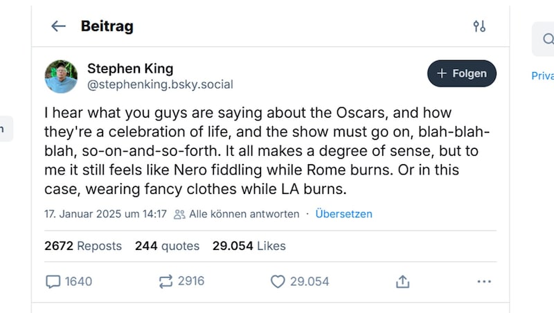 Stephen King sprach sich auf der App Bluesky für eine Absage der Oscar-Gala Anfang März aus. (Bild: Screenshot bsky.app/stephenking)