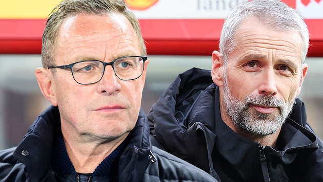 Marco Rose sieht die Causa Xaver Schlager anders als Ralf Rangnick – obwohl dieser kaum etwas Anderes als Rose gesagt hatte. (Bild: APA/MAX SLOVENCIK, APA/AFP/THOMAS KIENZLE)