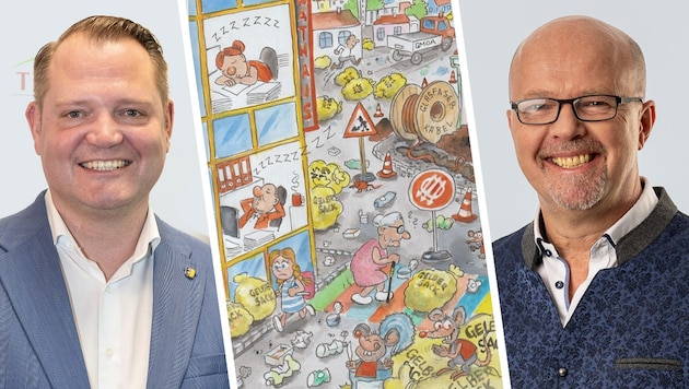 Mayor Christian Samwald (left) is particularly annoyed that his employees are portrayed as lazy. He himself does not appear in the caricature - not yet. FPÖ mandatary Martin Kurz (right) is pleased about the lively interest in the drawing. (Bild: Krone KREATIV/Krixi Kraxi, FPÖ Ternitz, Doris Seebacher) Mayor Christian Samwald (left) is particularly annoyed that his employees are portrayed as lazy. He himself does not appear in the caricature - not yet. FPÖ mandatary Martin Kurz (right) is pleased about the lively interest in the drawing. (Bild: Krone KREATIV/Krixi Kraxi, FPÖ Ternitz, Doris Seebacher)