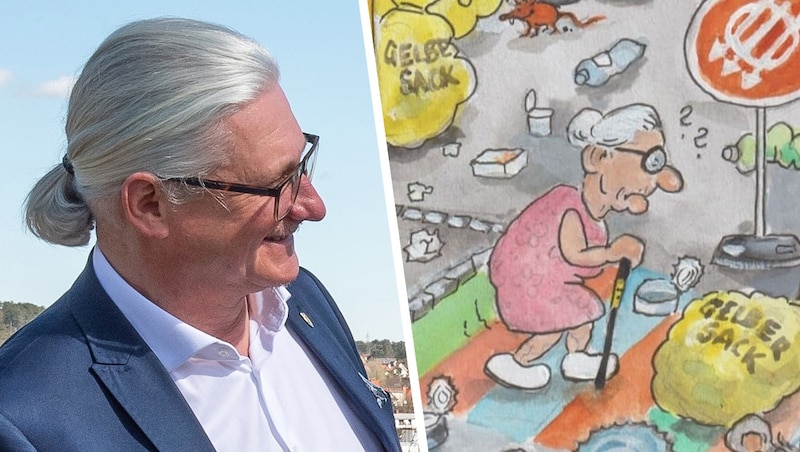 Detail am Rande: Eine über die Straße schlurfende alte Dame sieht Vizebürgermeister Peter Spicker verdammt ähnlich.  (Bild: Krone KREATIV/Krixi Kraxi, Doris Seebacher)