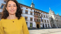 Auszugspläne im Grazer Landhaus: Die Grünen mit Chefin Sandra Krautwaschl haben sich in Mandaten halbiert und verlassen ihre Räume. Ein Büro bleibt. (Bild: Krone KREATIV/Christian Jauschowetz)