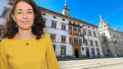 Auszugspläne im Grazer Landhaus: Die Grünen mit Chefin Sandra Krautwaschl haben sich in Mandaten halbiert und verlassen ihre Räume. Ein Büro bleibt. (Bild: Krone KREATIV/Christian Jauschowetz)