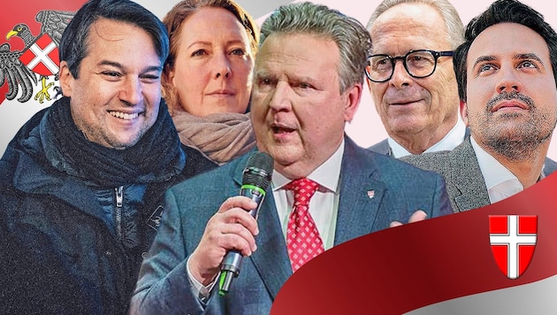 We will see these candidates more often in the coming months (from left to right): FPÖ leader Dominik Nepp, Green Party frontwoman Judith Pühringer, Mayor Michael Ludwig (SPÖ), ÖVP leader Karl Mahrer and Deputy Mayor Christoph Wiederkehr (Neos). (Bild: Krone KREATIV/Walter Haselbauer, ÖVP Wien, FPÖ Wien, Neos Wien, Die Grünen Wien)