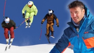 Felix Neureuther (rechtes im braunen Skianzug), Marc Berthod (links) und Beat Feuz (mitte) sorgten für eine spektakuläre Kamerafahrt in Wengen. (Bild: GEPA/GEPA pictures)