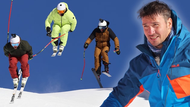 Felix Neureuther (right in the brown ski suit), Marc Berthod (left) and Beat Feuz (center) provided a spectacular camera ride in Wengen. (Bild: GEPA/GEPA pictures)