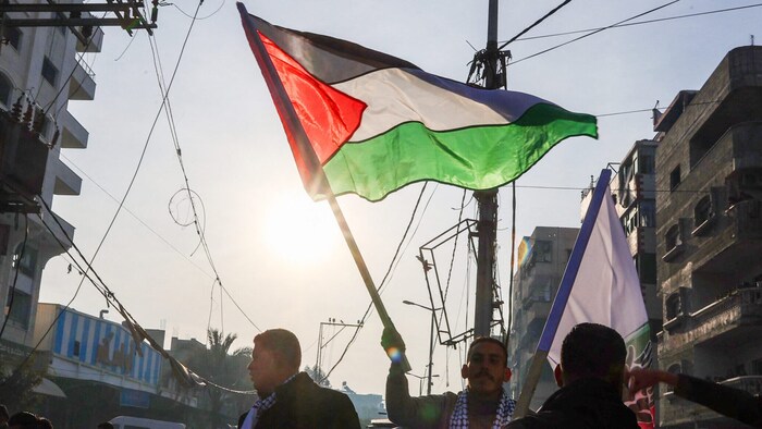A man in the Gaza Strip waves the Palestinian flag to celebrate the ceasefire - too early, as ...