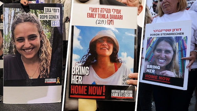 Three young women are to return home after 15 months in the hands of Hamas. (Bild: Krone KREATIV/APA/AFP/AHMAD GHARABLI, APA/POOL/Dan Kitwood, APA/Ahmad GHARABLI)