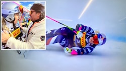 Lindsey Vonn stürzte in Cortina, blieb aber unverletzt. Alberto Tomba heiterte sie auf. (Bild: 2025)