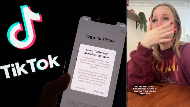 Numerous influencers were in tears over the TikTok ban in the USA. (Bild: Krone KREATIV/APA/AFP/Chris DELMAS, tiktok.com/@emilyesenn)