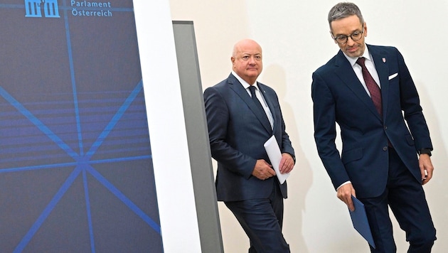 ÖVP-General Christian Stocker und FPÖ-Chef Herbert Kickl präsentierten ein Sparpaket, das sich nicht überall mit ihren Wahlversprechen deckt. (Bild: picturedesk.com/HELMUT FOHRINGER / APA / picturedesk.com)