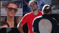 Wenn Ex-Spielerin Andrea Petkovic Alex Zverev interviewt, sind Lacher vorprogrammiert. Diesmal ging es auch um Zverevs Herzdame Sophia Thomalla (li.). (Bild: APA/AFP/DAVID GRAY, Screenshot Facebook.com/EurosportDeutschland )