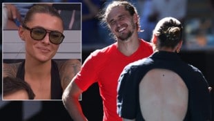 Wenn Ex-Spielerin Andrea Petkovic Alex Zverev interviewt, sind Lacher vorprogrammiert. Diesmal ging es auch um Zverevs Herzdame Sophia Thomalla (li.). (Bild: APA/AFP/DAVID GRAY, Screenshot Facebook.com/EurosportDeutschland )