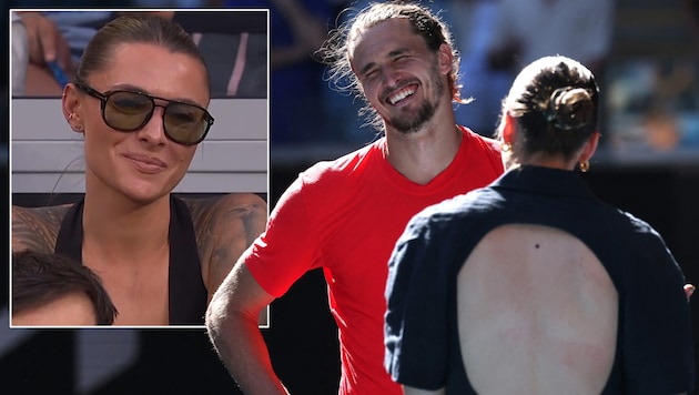 Wenn Ex-Spielerin Andrea Petkovic Alex Zverev interviewt sind Lacher vorprogrammiert. Diesmal ging es auch um Zverevs Herzdame Sophia Thomalla (li.). (Bild: APA/AFP/DAVID GRAY, Screenshot Facebook.com/EurosportDeutschland )