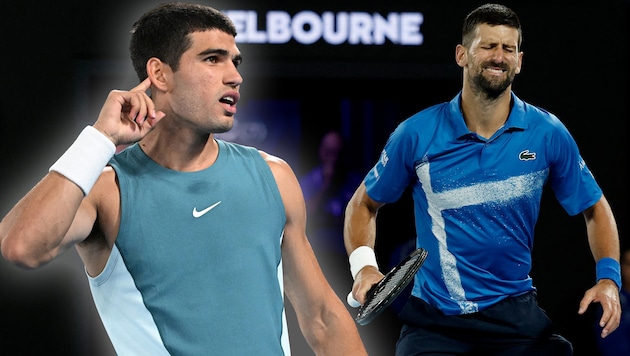 Carlos Alcaraz (li.) spielt gegen Novak Djokovic um den Titel.