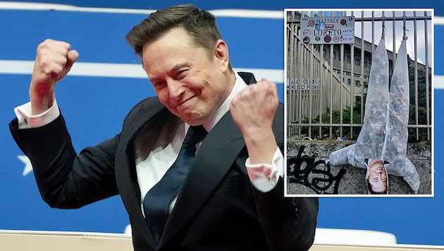 In Milan, where the body of the murdered dictator Benito Mussolini was once hung, left-wing students now had Elon Musk dangling from a bridle. (Bild: Krone KREATIV/AP, facebook.com/cambiarerotta.ogc)