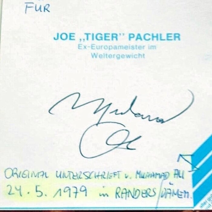 Autogramm von Muhammed Ali für Joe „Tiger“ Pachler.